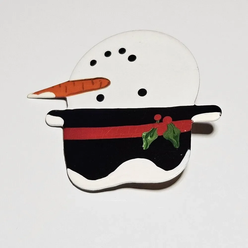 Signed Handmade Vintage Painted Metal Snowman Brooch